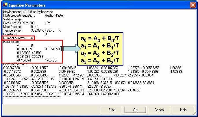 annotated equation parameters window: under constants is given number of terms. Under parameters is given table of parameters A_n and B_n, which are used to construct a_n using the expression a_n=A_n+(B_n / T), where T is temperature in Kelvin