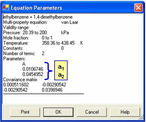 annotated equation parameter window showing locations of a_1 and a_2 in A table under Parameters: