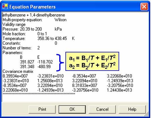 annotated equation parameter window showing locations of coefficients used to calculate a_1 and a_2 in table of B_n and E_n under Parameters:. a_n is calculated with a_n = B_n / T + E_n / (T ^ 2), where T is temperature in Kelvin