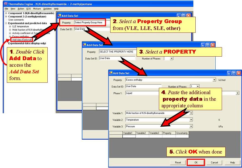 Steps for adding user data: from Experimental and predicted data navigation tree node, double click Add data. Select a property group, then a property. Paste data into appropriate columns for each variable, then click OK.