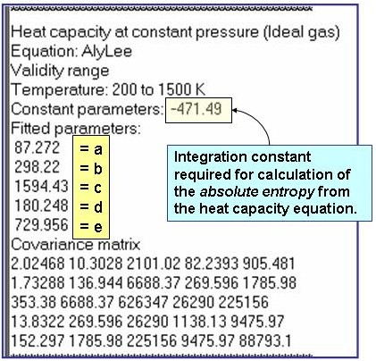 annotated evaluation results showing constant parameter: an integration constant required for calculation of the absolute entropy from the heat capacity equation and fitted parameters (top to bottom): a, b, c, d, e