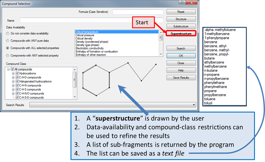 image showing list of fragments of example compound (propylbenzene) generated with the superstructure option of the compound selection process