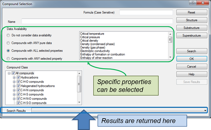 annotated compound selection window showing area for selection of properties under Data Availability and dropdown for search result selection at bottom of window