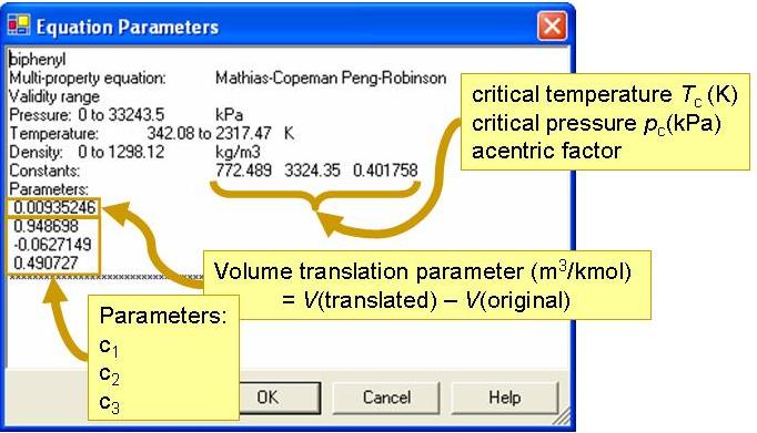 annotated equation parameters screen showing critical temperature(K), critical pressure(kPa), and acentric factor to the right of Constants: and fitted parameters volume translation(m3/kmol), c1, c2, and c3