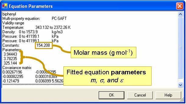 annotated equatino parameters screen showing molar mass (g/mol) to the right of Constants: and fitted parameters m, delta, and epsilon