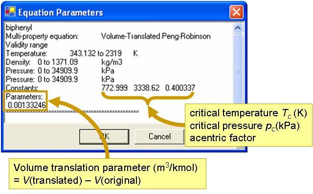 annotated equation parameters screen showing critical temperature(K), critical pressure(kPa), and acentric factor to the right of Constants: and fitted volume translation parameter(m3/kmol)