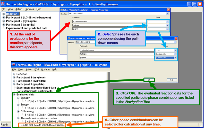 workflow for reaction properties evaluation: at the end of evaluation, a phase selection form appears. Using the dropdowns for each participant, select phases then click OK. Under the location of the evaluated reaction data in the navigation tree, an end node is available for selections of additional combinations of phases.