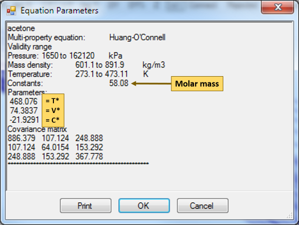 annotated evaluation results showing constant parameter molar mass and fitted parameters (top to bottom):T*, V*, C*