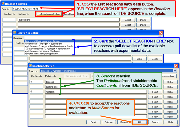 steps for the List Reactions with Data process: after listing one participant, click the List reactions with data button. After completion of the search, the Reaction line will change to a dropdown menu. Select an item from this dropdown to fill in participants and coefficients automatically, then click OK.