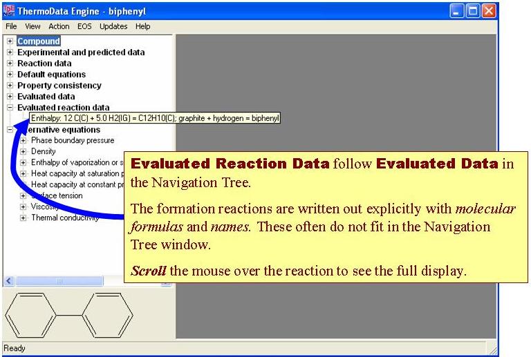 screenshot of navigation tree showing end nodes that can be double clicked to access evaluated reaction data