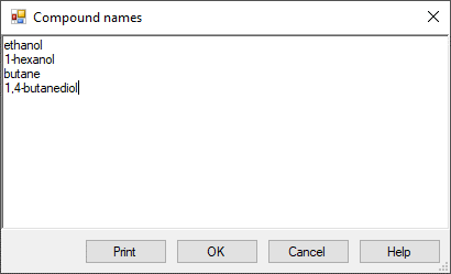 Compound names dialog box showing variety of names for comparison