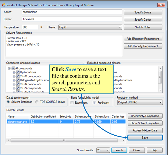 click Save to save search parameters and results to a text file.