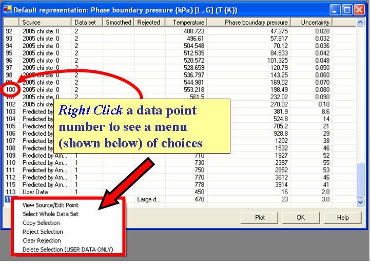 screenshot of data table in which a data point number has been right clicked to access a menu of choices