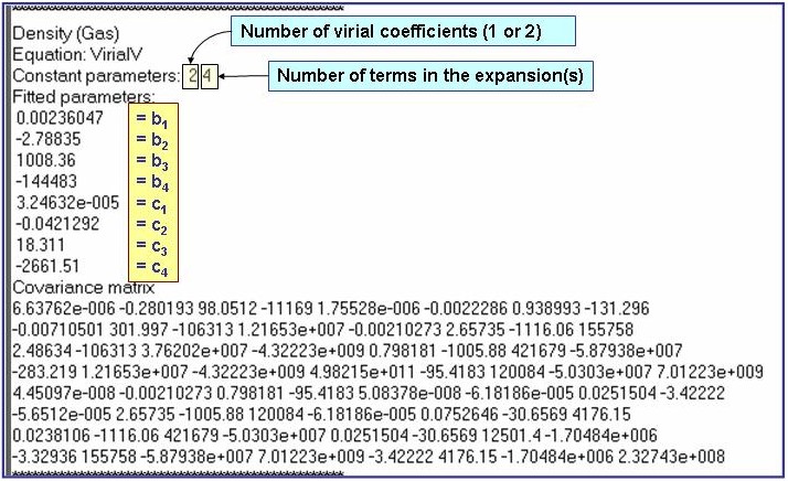 annotated evaluation results showing constant parameters (left to right): Number of virial coefficients [2 in this example], Number of terms in expansions [4 in this example] and fitted parameters (top to bottom): b_1, b_2, b)3, b_4, c_1, c_2, c_3, c_4