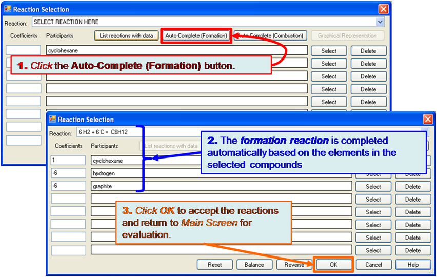 after filling in cyclohexane into the first participants line, autocompleting generates the formation reaction based on the elements of cyclohexane.