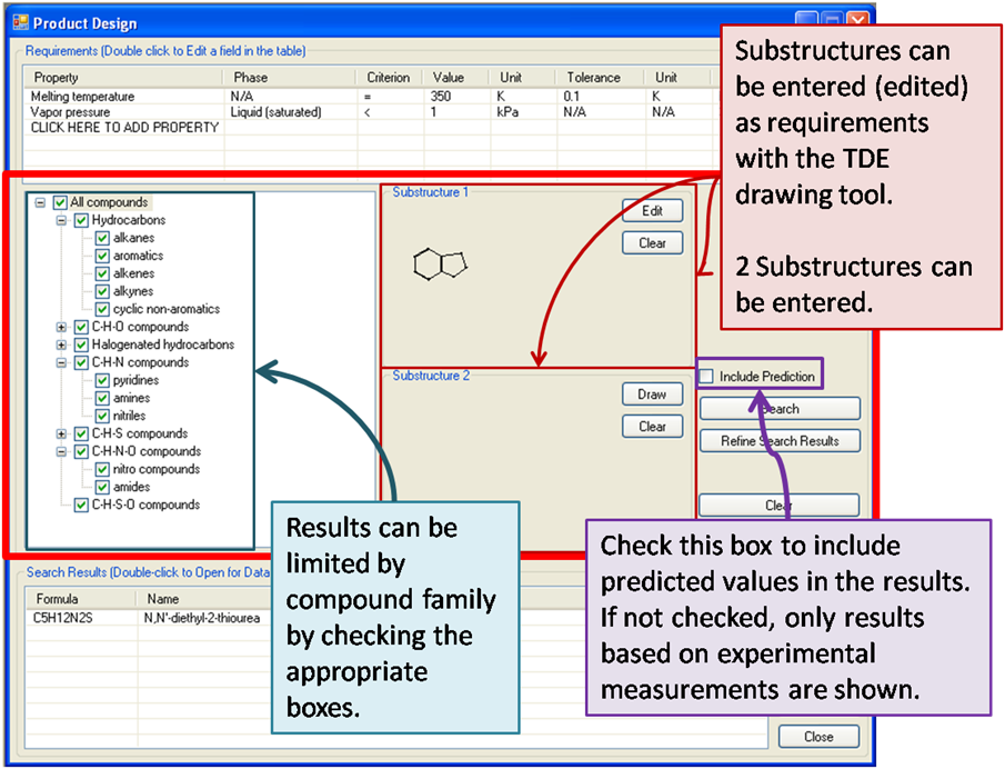 Limit compound types and data availability using the compound family list, drawing substructures, and/or using the Include Prediction box. If the Include Prediction box is unchecked, only results based on experimental results will be shown.