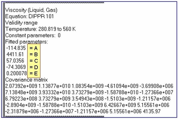 annotated evaluation results showing fitted parameters (top to bottom): A, B, C, D, E