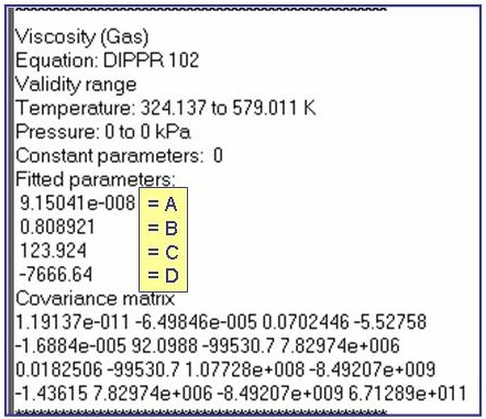 annotated evaluation results showing fitted parameters (top to bottom): A, B, C, D