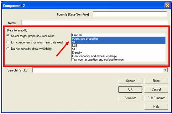 this was achieved by clicking the rabio button Select target properties from a list, then selecting Azeotrope properties and VLE.