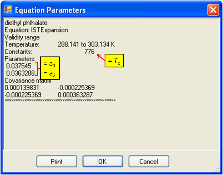 annotated evaluation results showing constant parameter T_c and fitted parameters (top to bottom): a_1, a_2