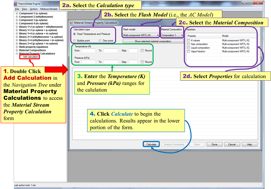 annotated TDE window showing material stream property calculation process: from the Material Property Calculations navigation tree node, double click Add Calculation to access the Material Stream Property Calculation form. Use the form to select Calculation type, flash model, material composition, properties, and temperature and pressure ranges, then click Calculate to begin calculations.