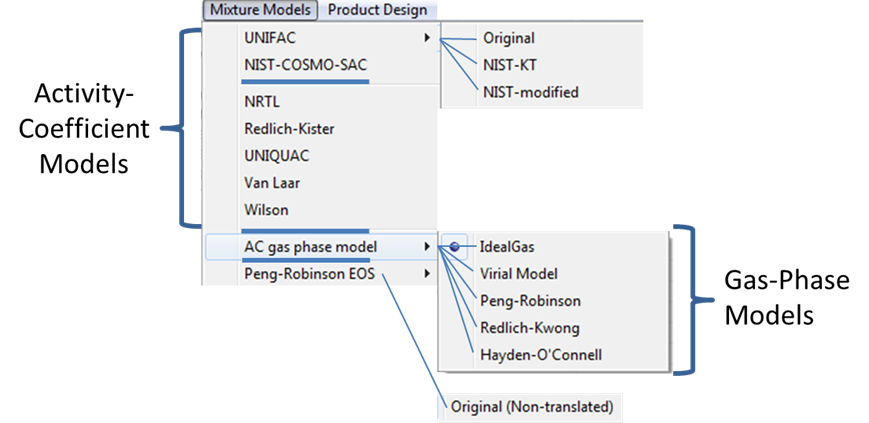 annotated Mixture Models menu showing locations of activity coefficient models in the top two sections and gas model models in the bottom two sections.