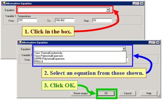 annotated Alternative Equation screen showing dropdown for equation selection