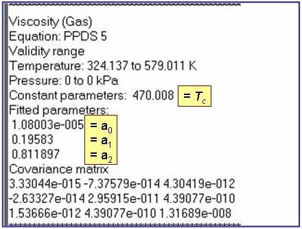 annotated evaluation results showing constant parameter T_c and fitted parameters (top to bottom): a_0, a_1, a_2