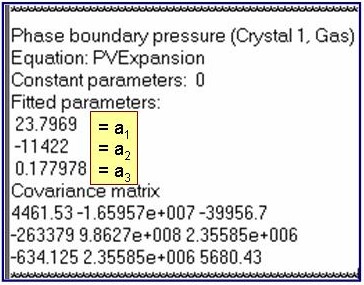 annotated evaluation results showing fitted parameters (top to bottom): a_1, a_2, a_3