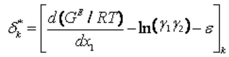δ_k^* = [d(G^E / (R * T))/dx_1 - ln(γ_1*γ_2) - ε]