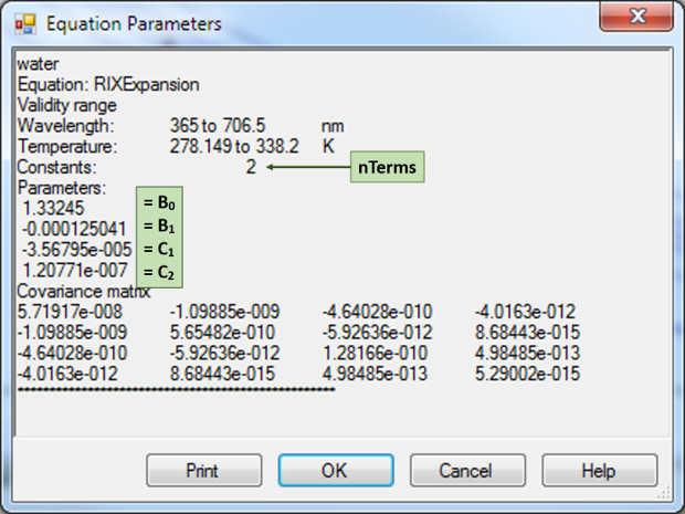 annotated evaluation results showing constant parameter: nTerms [here 2] and fitted parameters (top to bottom):B_0, B_1, C_1, C_2