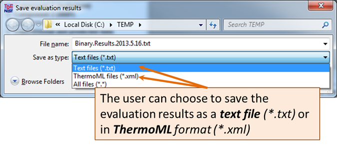 use the dropdown to choose between a text file (.txt) and a ThermoML file (.xml)