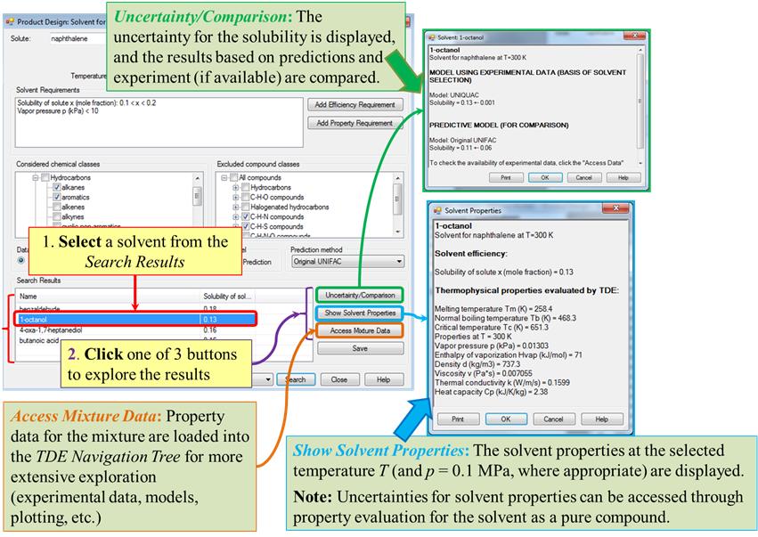 Select a solvent, then do one of the following: click Uncertainty/Comparison to see uncertainty for the solubility and compare model results fitted to experimental data or predicted. click Show Solvent Properties to bring up a list of solvent properties at the specified temperature. Click Access Mixture Data to load property data for the solvent/solute mixture into the navigation tree.