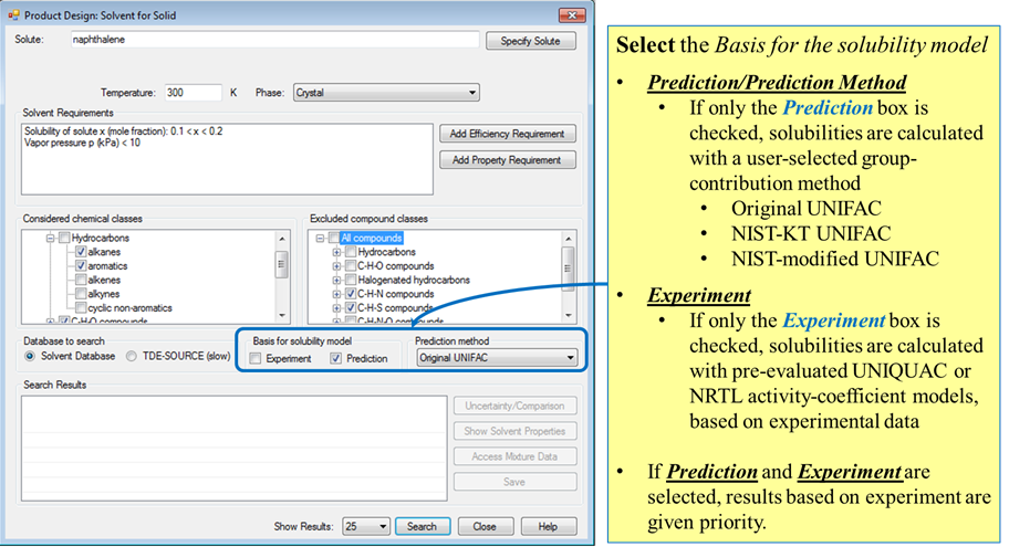 Select one or both checkboxes in the basis for solubility model and select a prediction method if prediction is checked. If both prediction and experiment boxes are checked, priority is given to models fitted to experimental data where available.