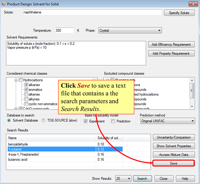 click Save to save search parameters and results to a text file.