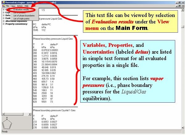 the text file can be viewed usint the View menu - Evaluation results. Variables, properties, and uncertainties are listed in text format.