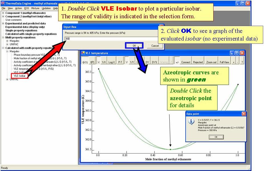 Demonstration of isobar plot generation: double click a VLE isobar end node under Calculated with multi-property equations, then enter a valid temperature in Kelvin and click OK for plot of isobar, shown in green.