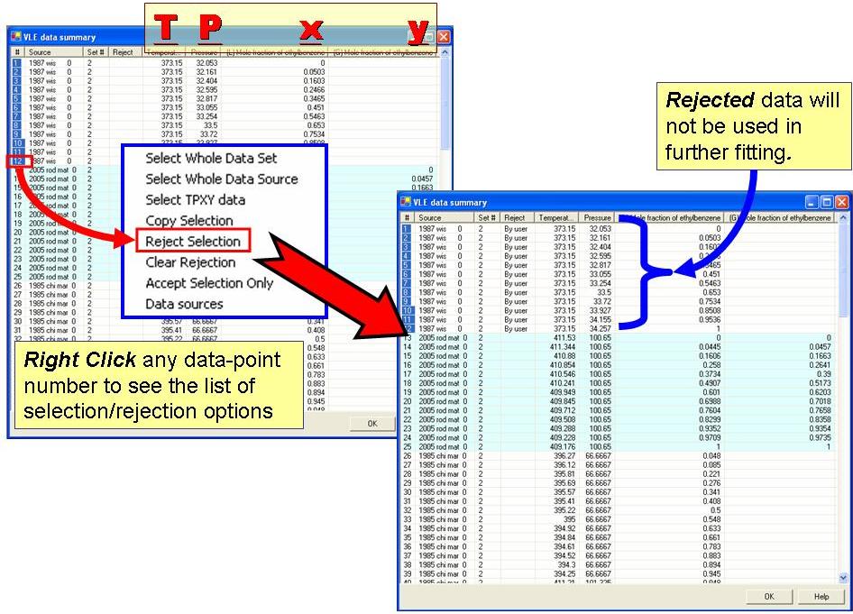 right click a point or selection, then choose Reject Selection. This data will not be used in future fitting.