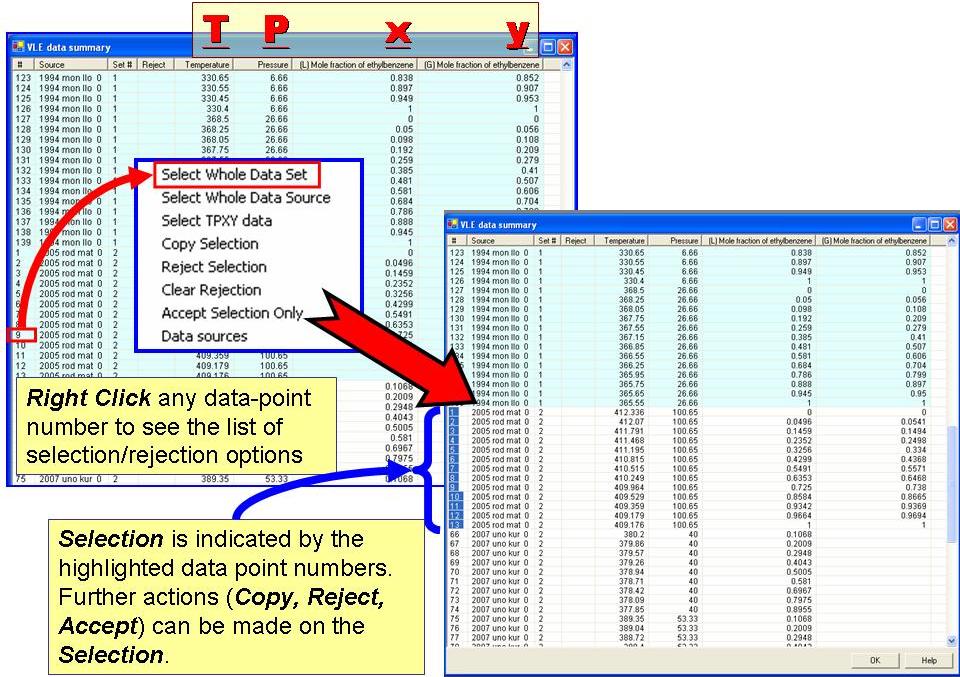 right click a point, then choose Select Whole Data Set. The selection is indicated by highlighted data point numbers, and the selection can be copied, rejected, or selected.