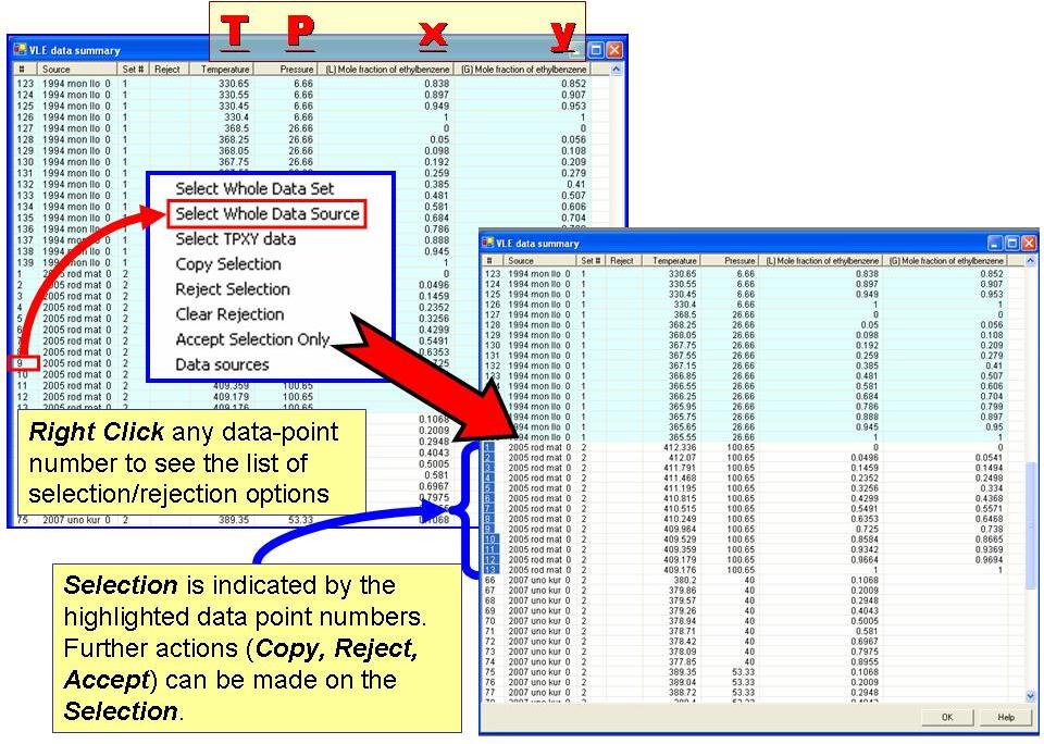 right click a point, then choose Select Whole Data Source. The selection is indicated by highlighted data point numbers, and the selection can be copied, rejected, or selected.