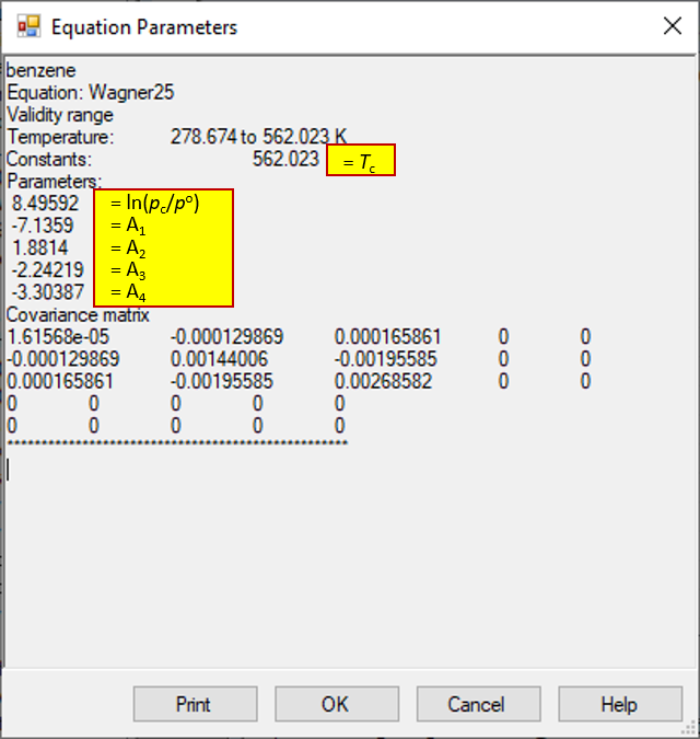 annotated example evaluation results: constant parameter T_c and fitted parameters (top to bottom): ln(p_c / p naught), A_1, A_2, A_3, A_4