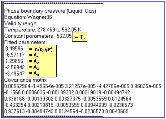 annotated example evaluation results: constant parameter T_c and fitted parameters (top to bottom): ln(p_c / p naught), A_1, A_2, A_3, A_4