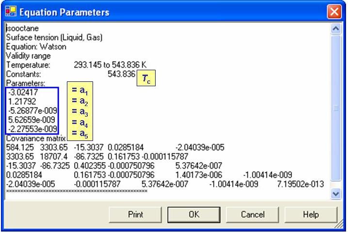 annotated evaluation results showing constant parameter T_c and fitted parameters (top to bottom): a_1, a_2, a_3, a_4, a_5