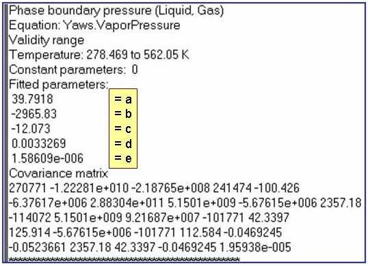 annotated evaluation results showing fitted parameters (top to bottom): a, b, c, d, e