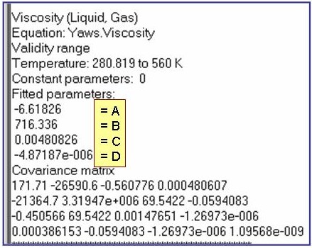 annotated evaluation results showing fitted parameters (top to bottom): A, B, C, D